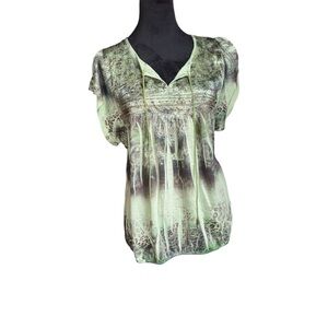 Y2k Dressbarn Womens Green Boho Paisley Animal Shirt with Studs Lace Back Large‎